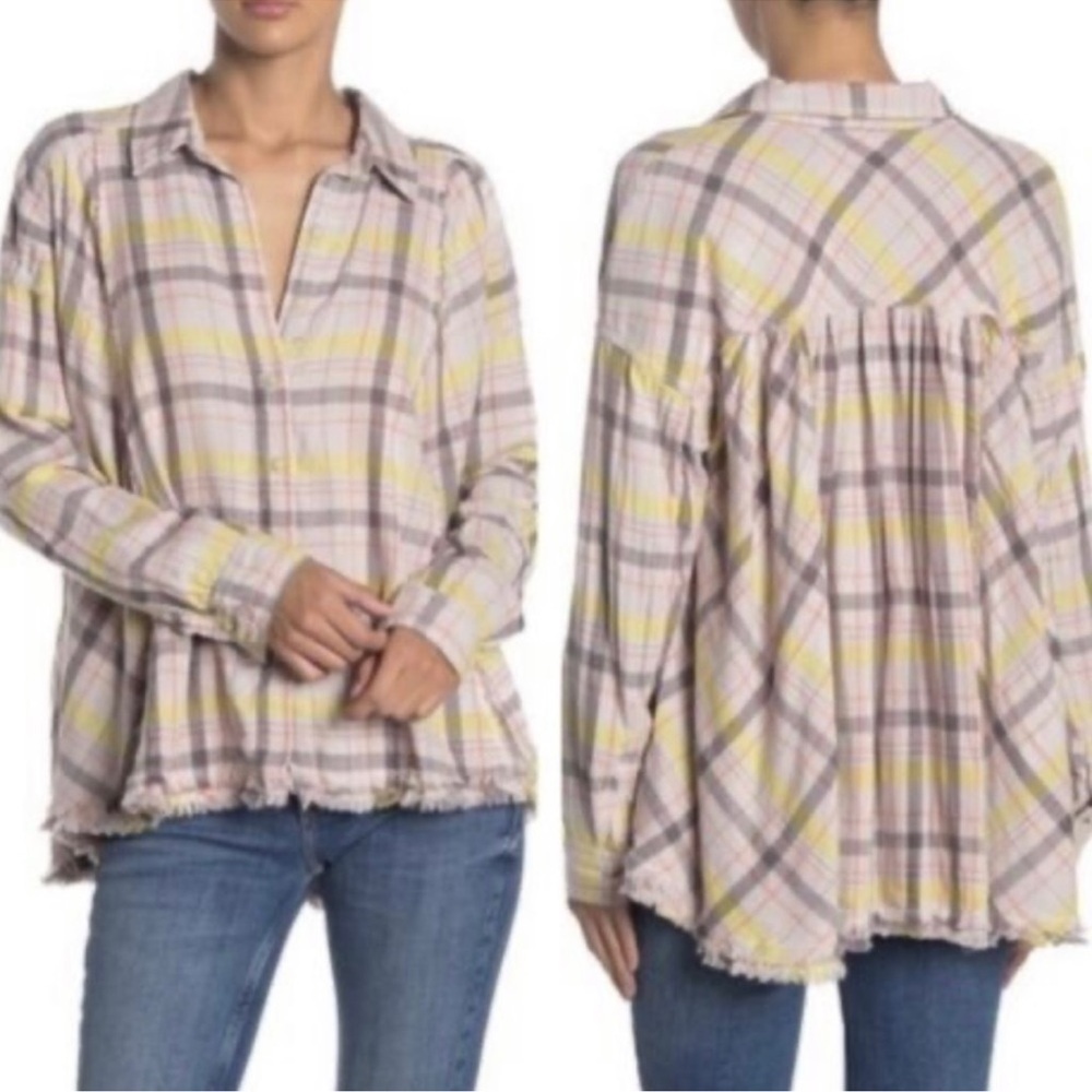 FP We The Free Seeking Starlight Plaid Button Down Fringe Hem Shirt Medium